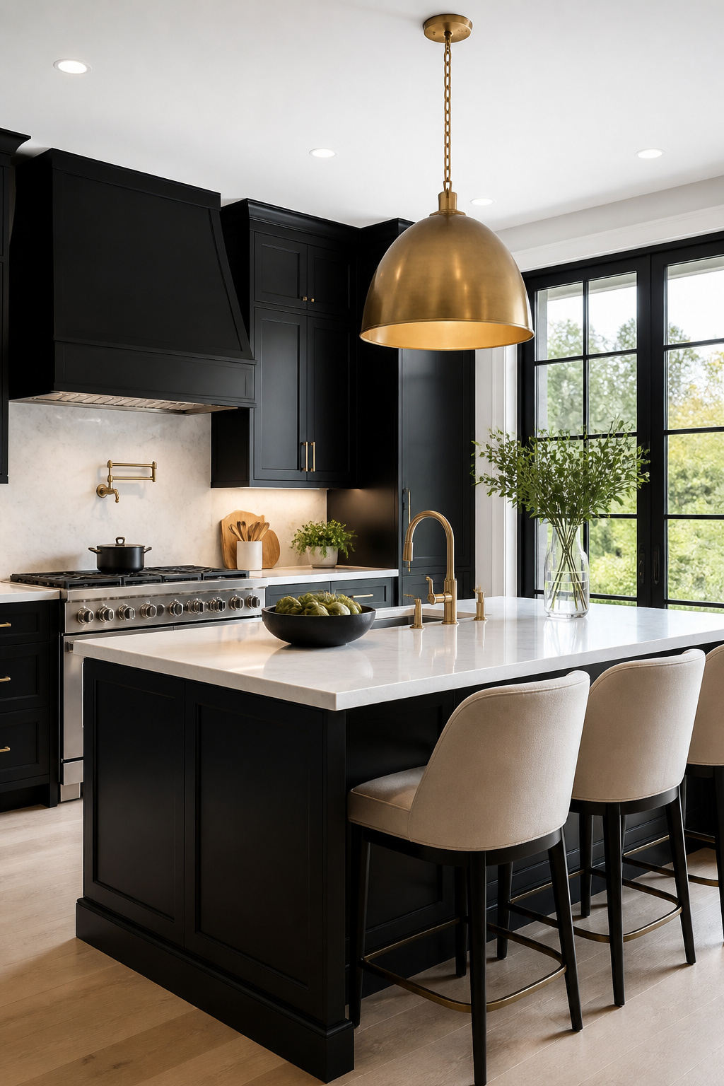 Kitchen with tiered lighting illuminating black cabinetry.