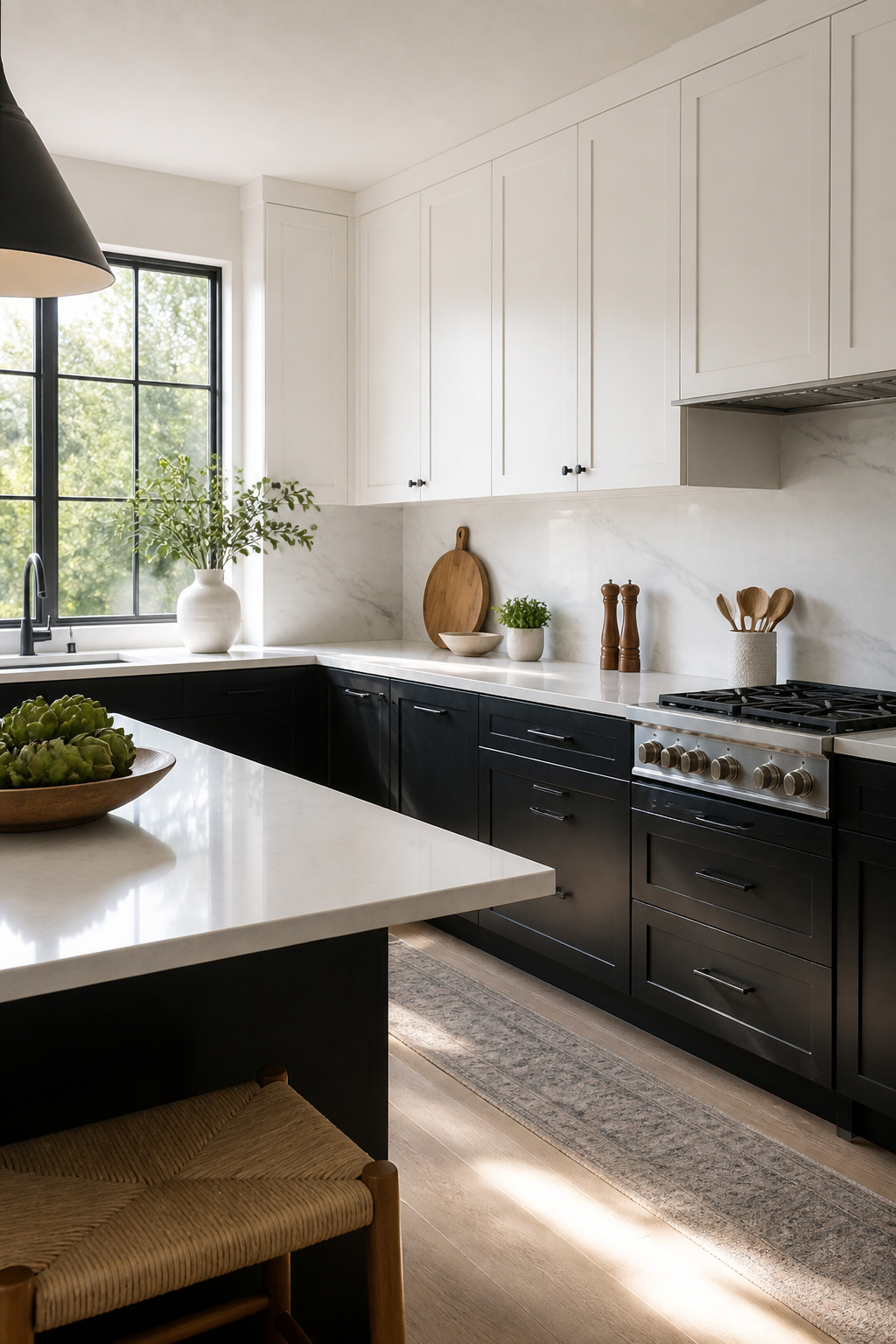 Kitchen with white shaker-style upper cabinets and black lower cabinets.