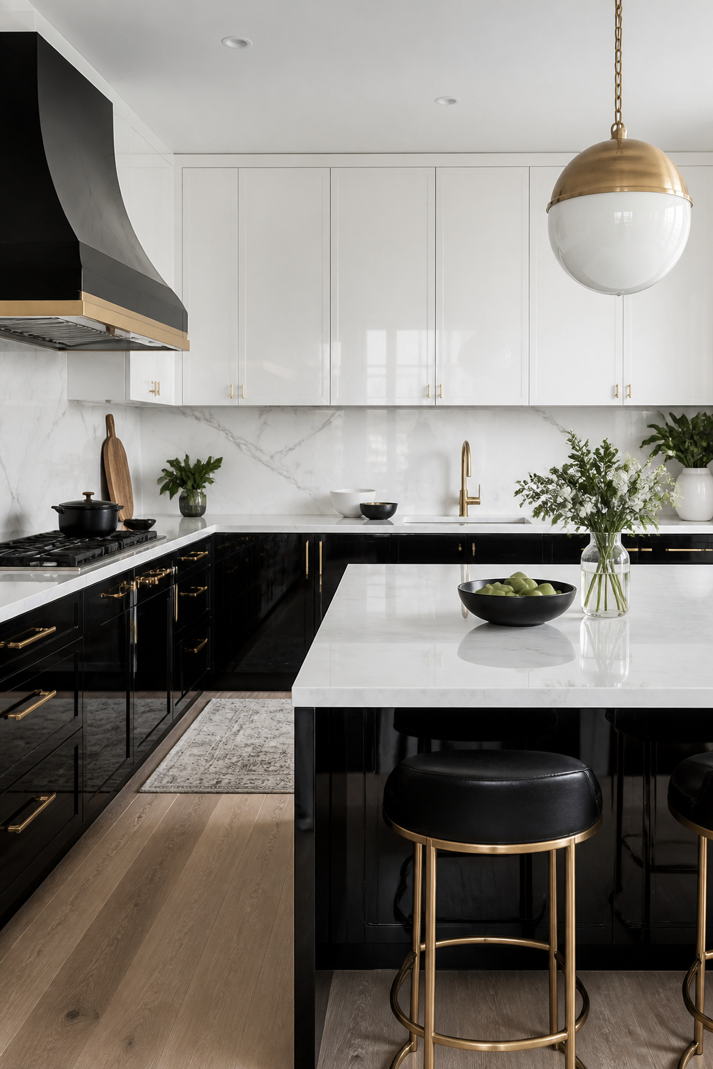 Kitchen with glossy black lower cabinets and shiny white upper cabinets.