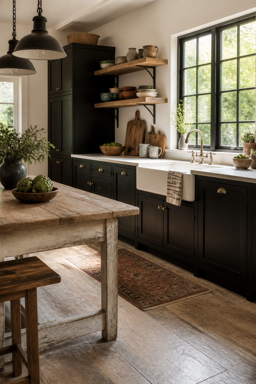 Farmhouse kitchen featuring black shaker cabinets and wooden accents.