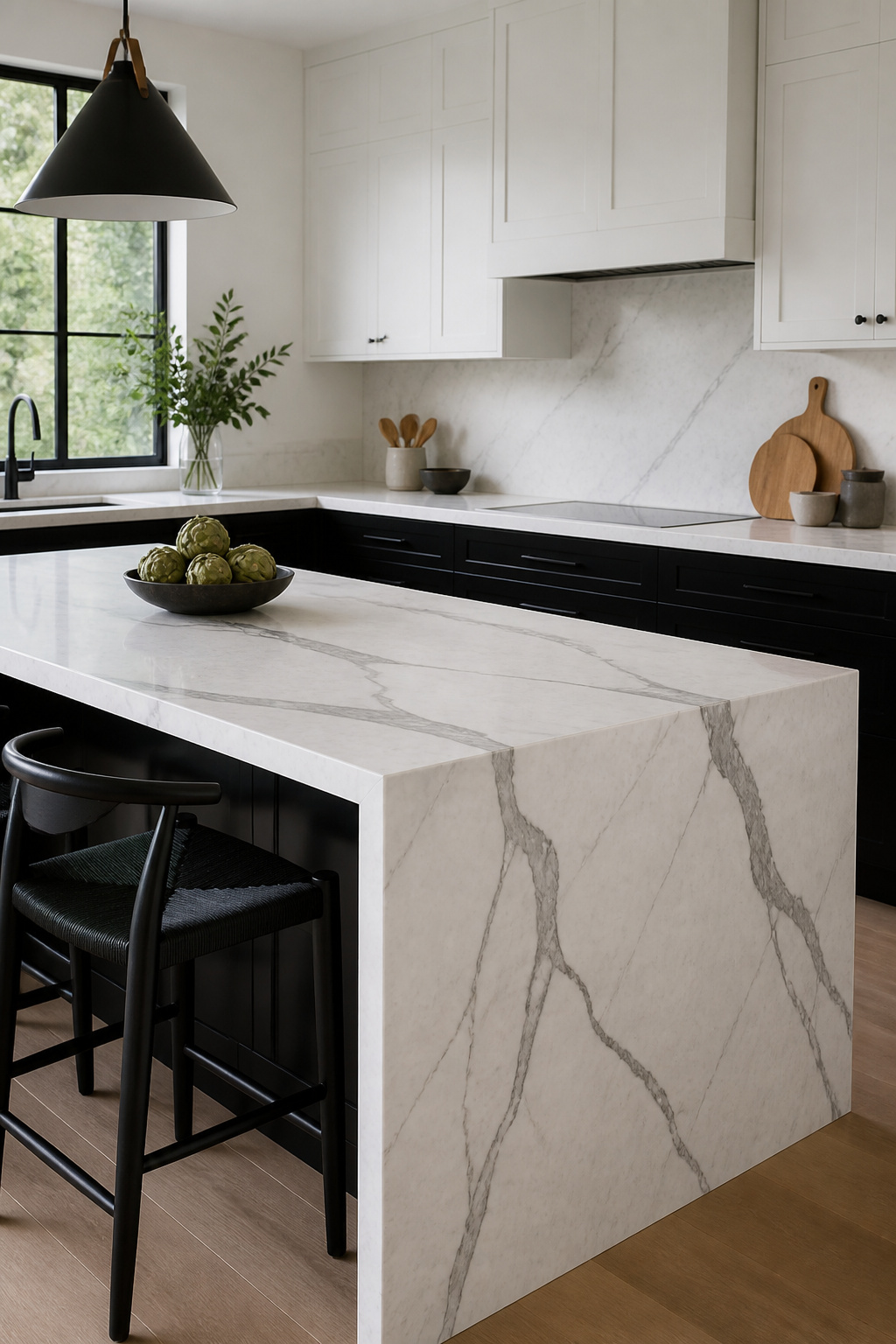 Kitchen with a white marble island and black lower cabinets.