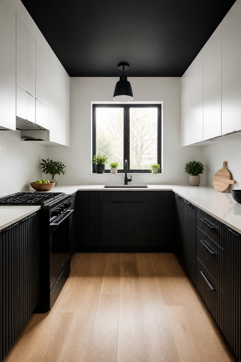 Compact kitchen with white upper cabinets and black lower cabinets.