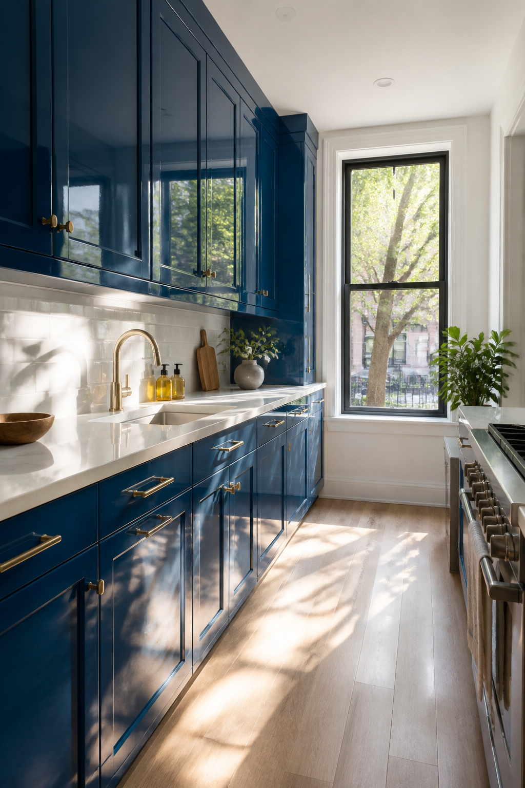 High-gloss blue kitchen cabinets under natural light.
