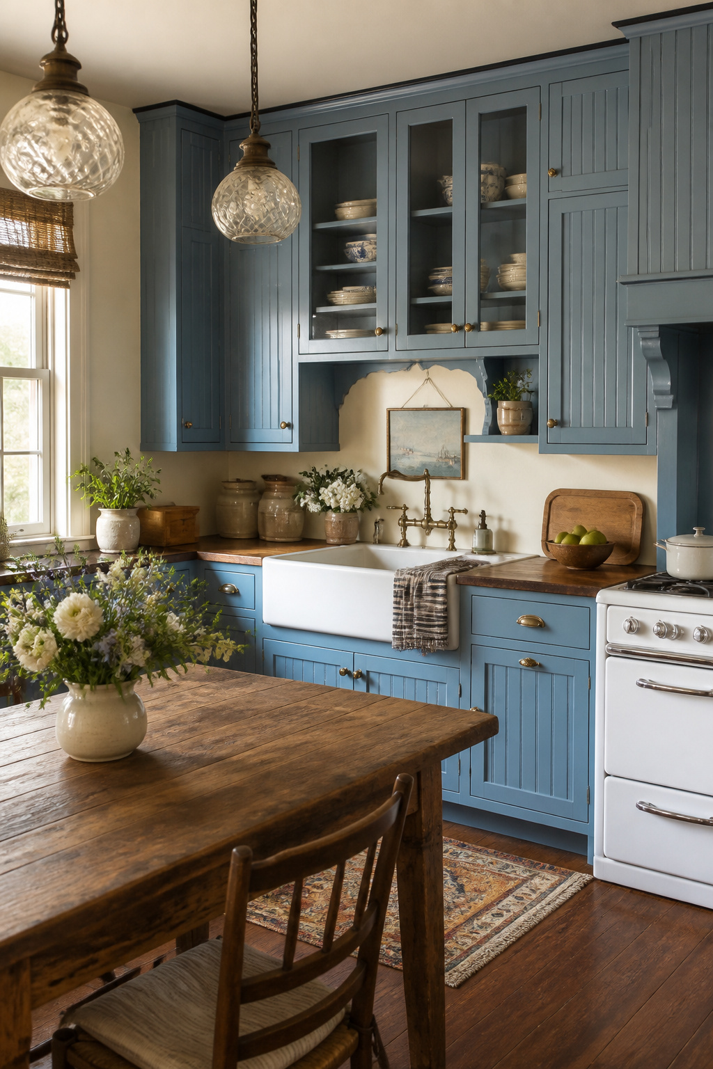 Vintage blue kitchen cabinets with nostalgic hardware.