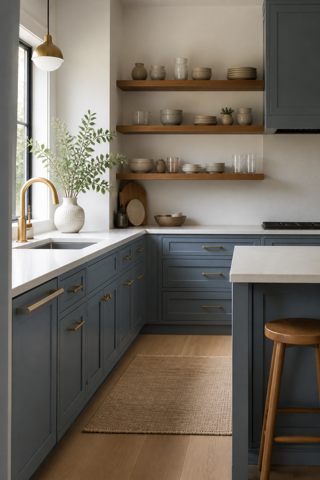 Matte blue kitchen cabinets with quartz countertops.
