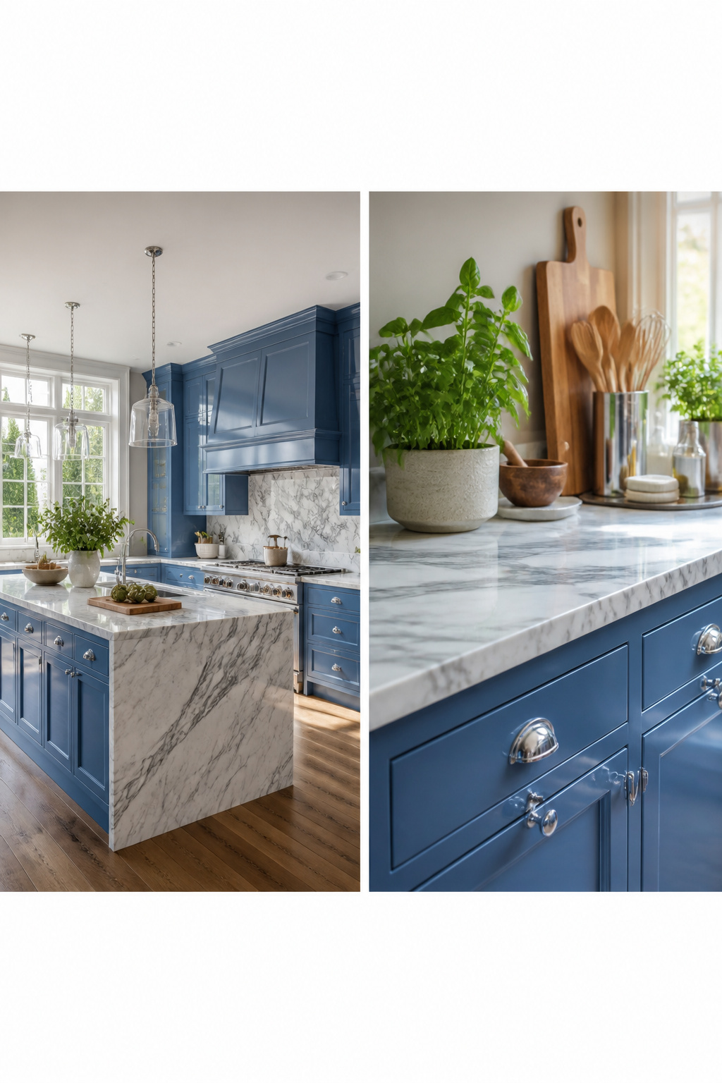 Blue kitchen cabinets with gray-veined marble countertops.