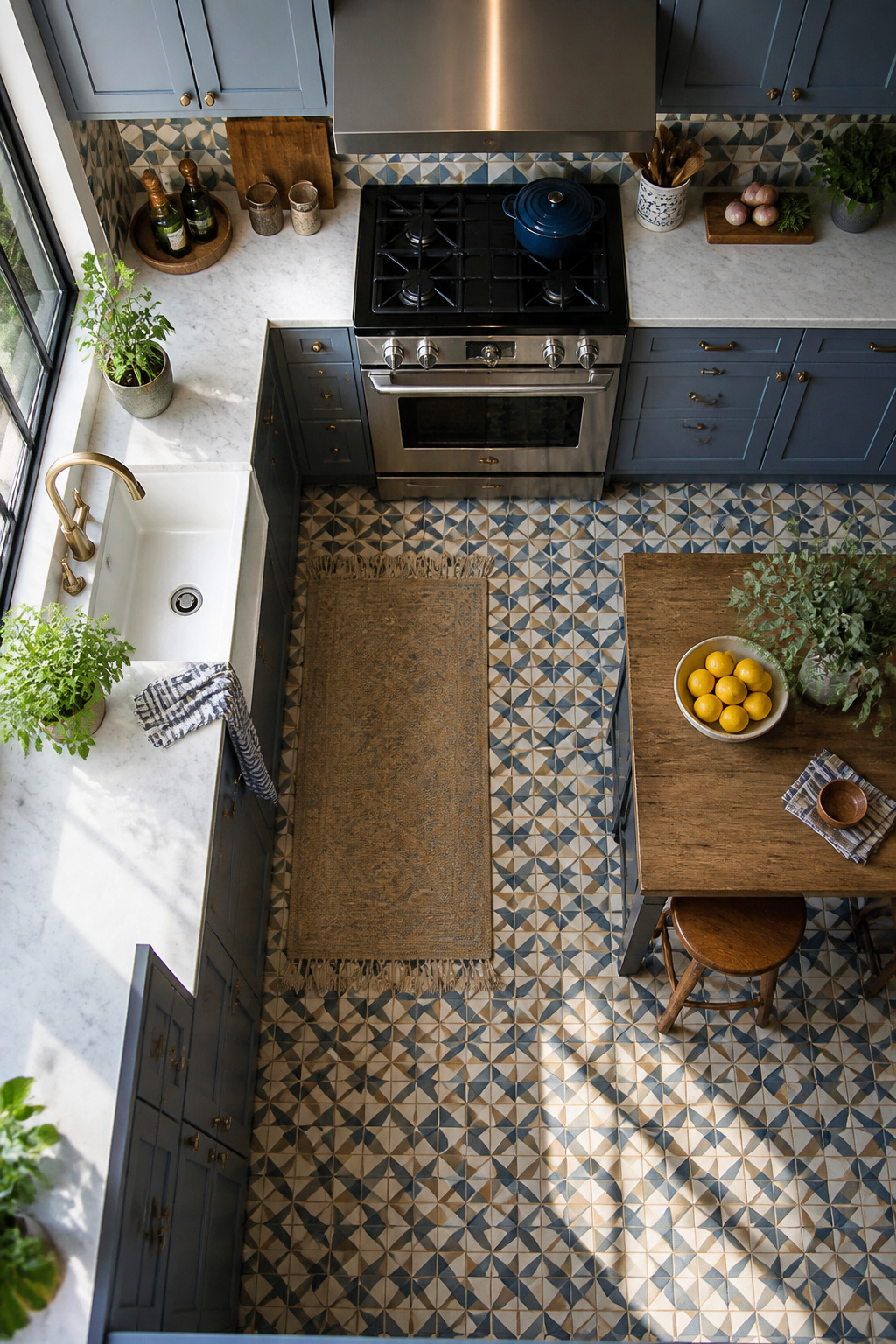 Blue kitchen cabinets next to patterned floor tiles.