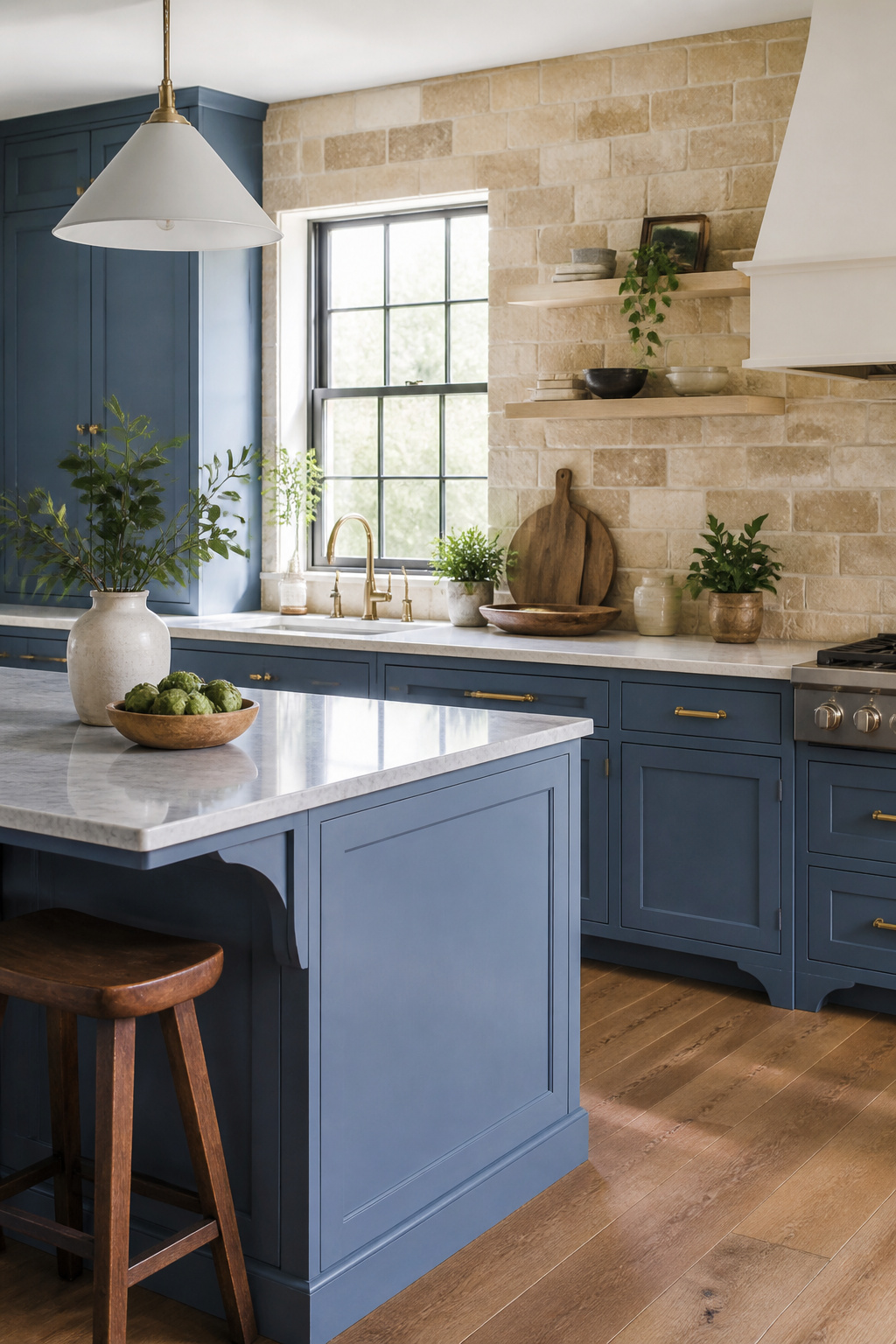Blue cabinets with a natural stone backsplash.