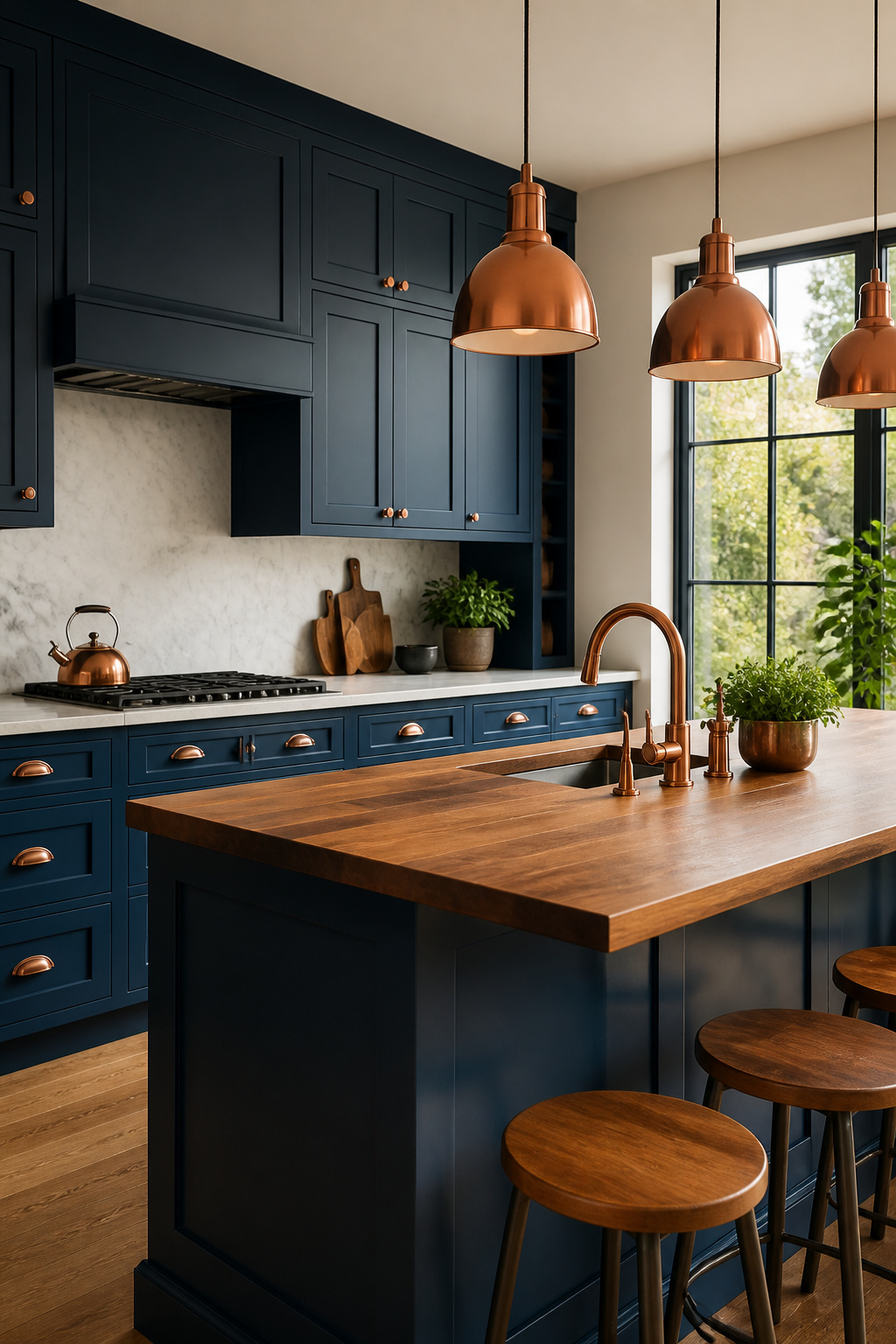 Deep blue kitchen cabinets with copper fixtures.