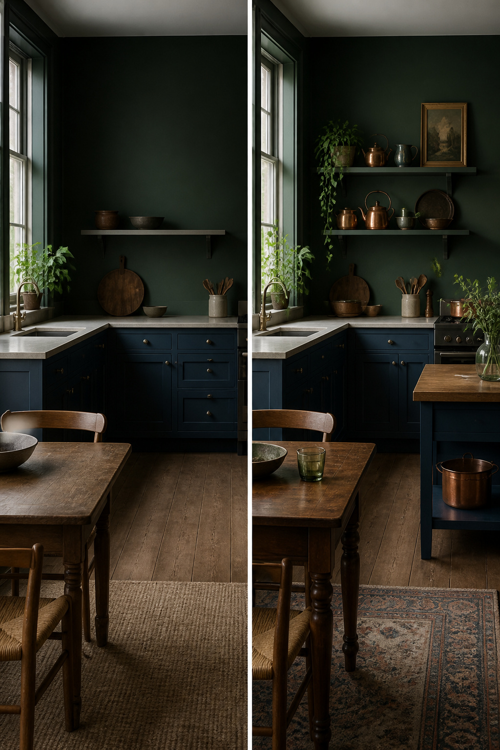 Blue cabinets against a bold wall color.