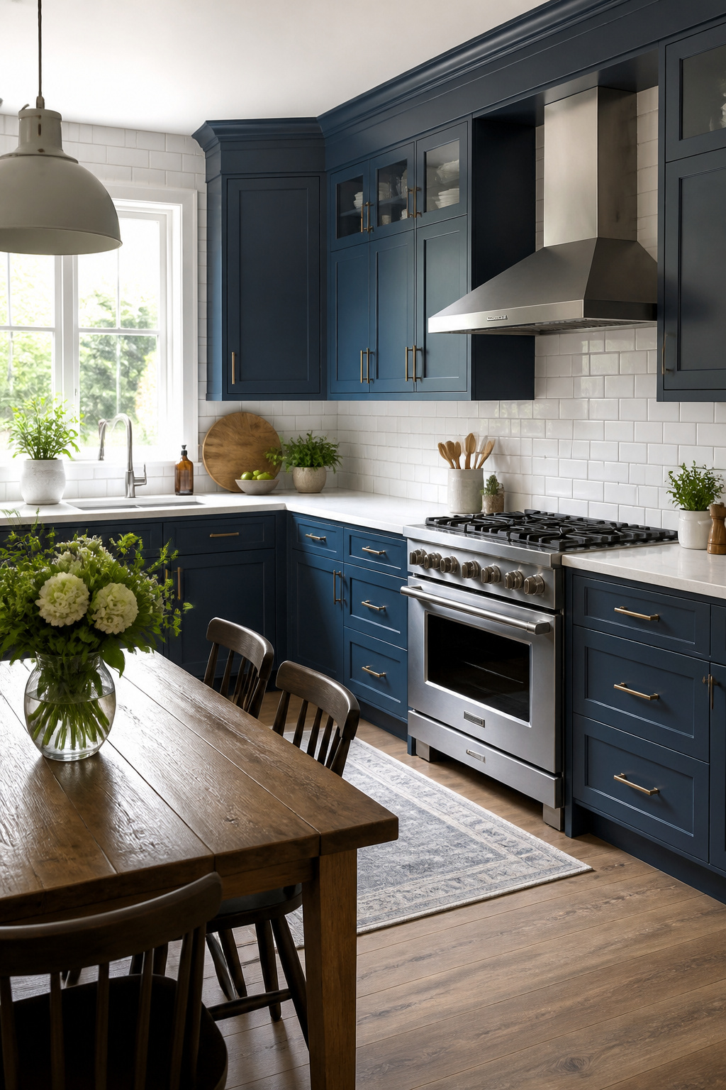 Blue kitchen cabinets with white subway tile backsplash.