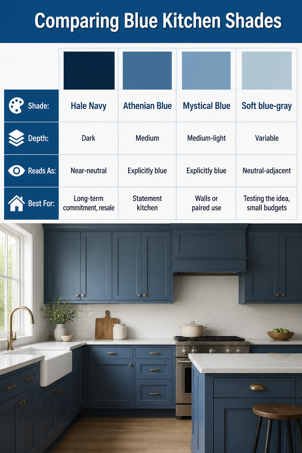 Different shades of blue paint for kitchen cabinets.