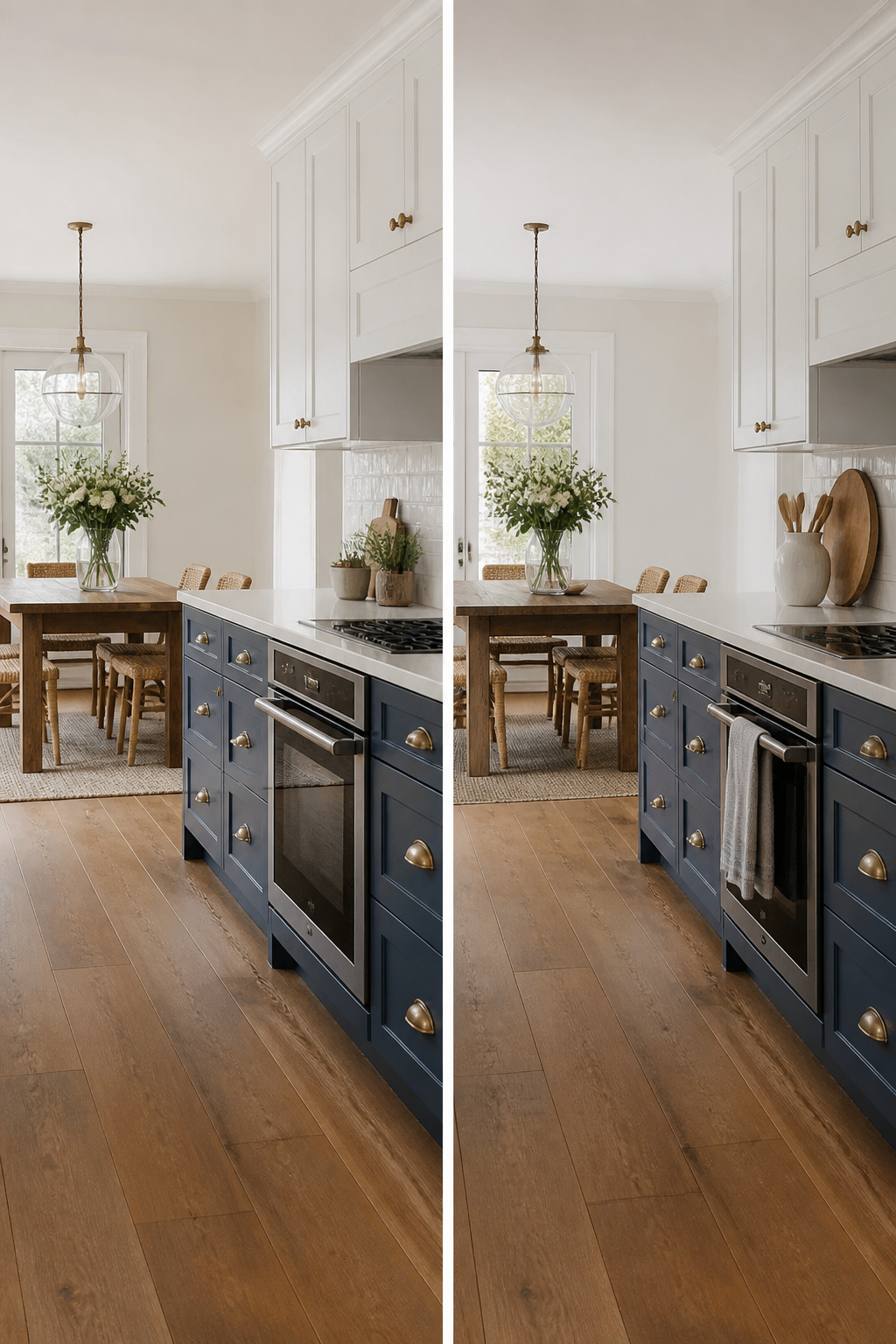 Blue lower cabinets paired with white upper cabinets.