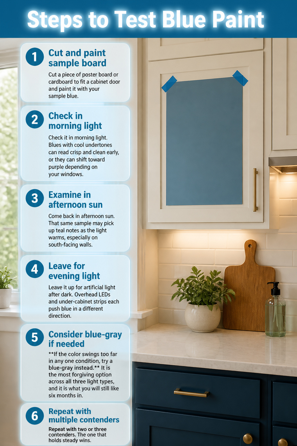 Instructions for testing blue paint in a kitchen.