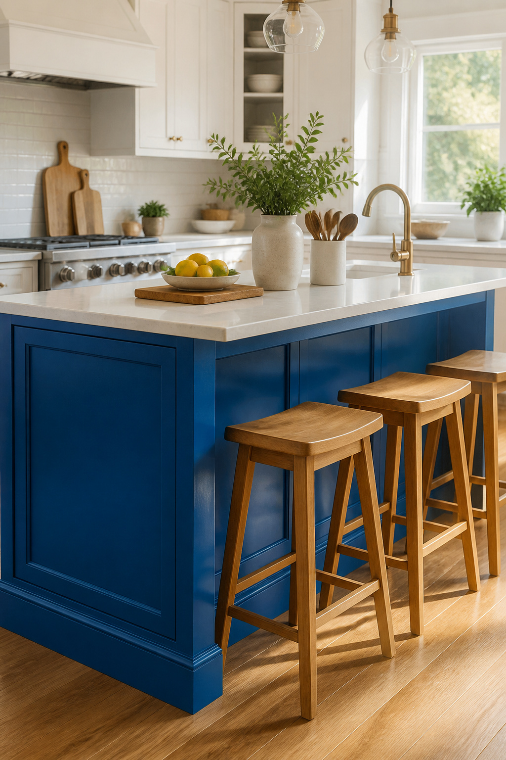 Bright blue kitchen island in a modern kitchen.