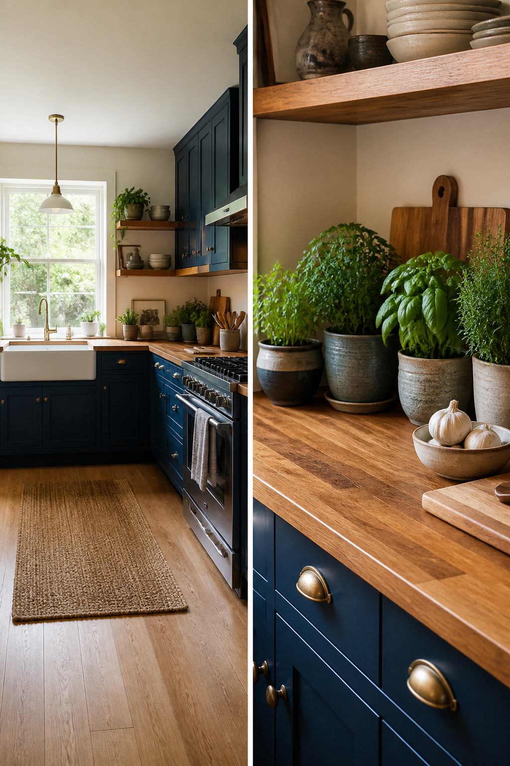 Blue kitchen cabinets complemented by warm wood accents.