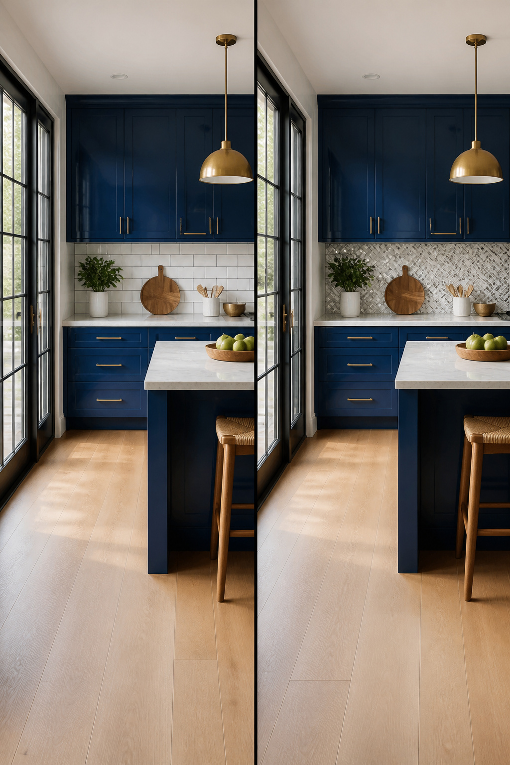 Patterned backsplash contrasting with blue kitchen cabinets.