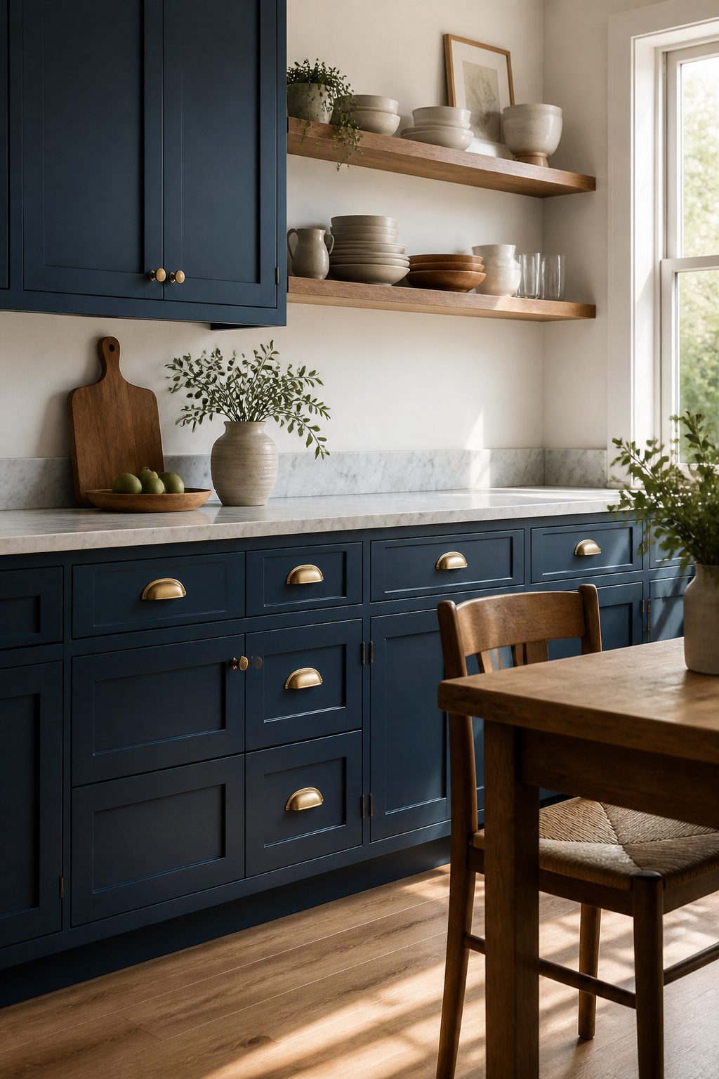 Navy blue kitchen cabinets with brass hardware.