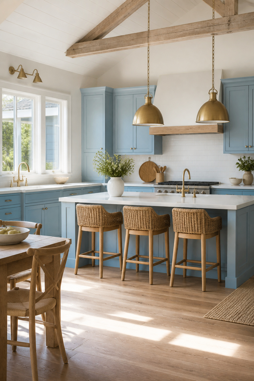 Pale blue kitchen cabinets in a coastal-themed kitchen.