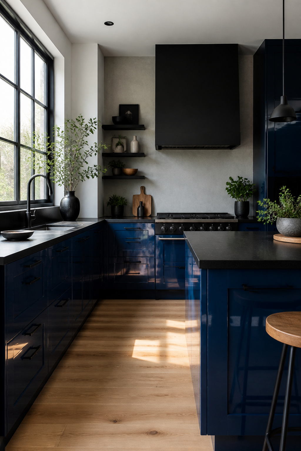 Navy blue kitchen cabinets with black hardware.