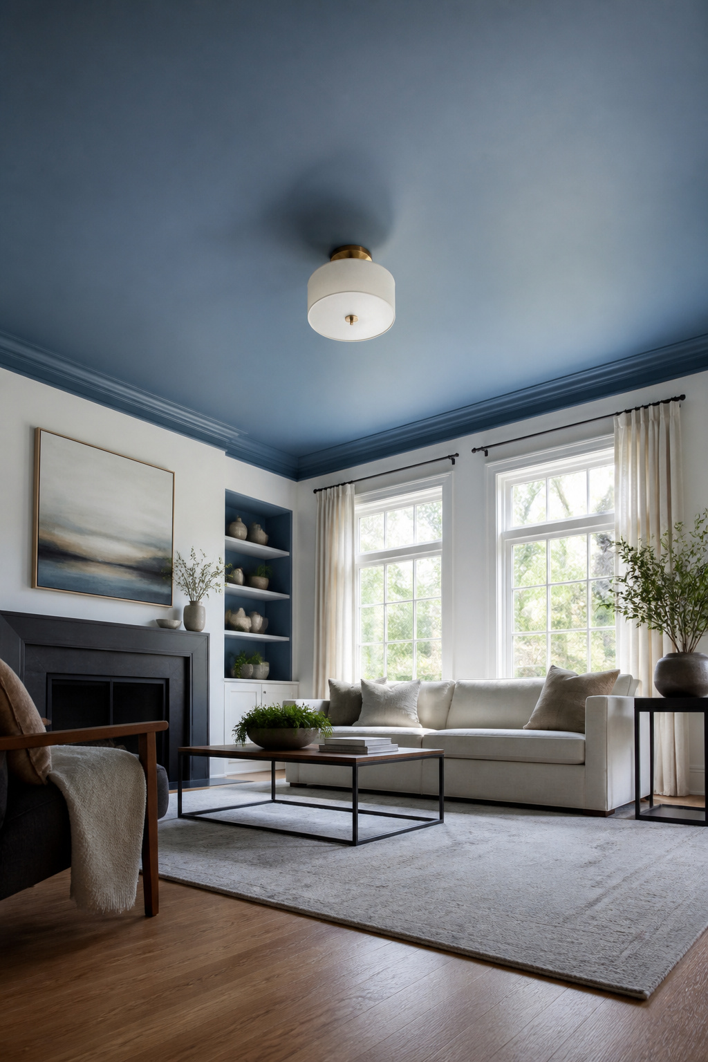 29 Blue Living Room Ideas for 2026 10 A living room with a blue ceiling and white walls.