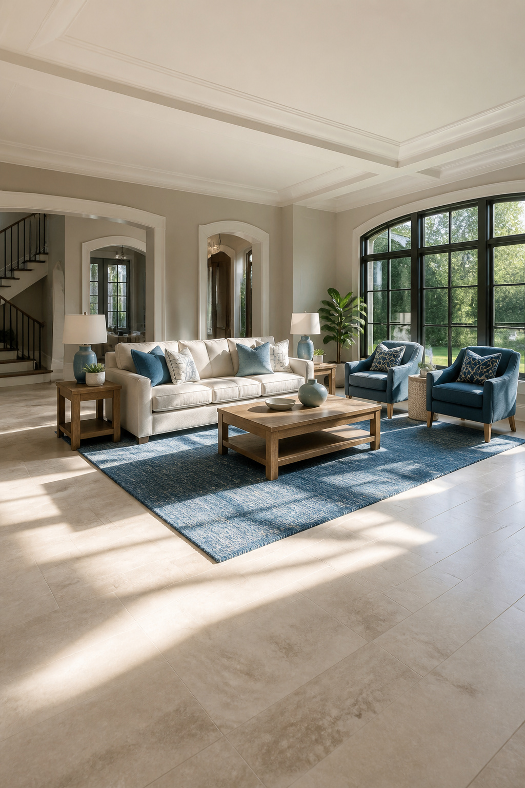 29 Blue Living Room Ideas for 2026 12 A living room with a blue area rug.