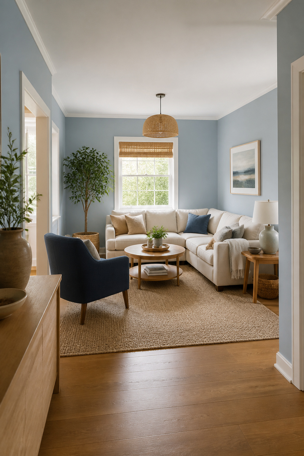 29 Blue Living Room Ideas for 2026 15 A small living room with pale blue walls.