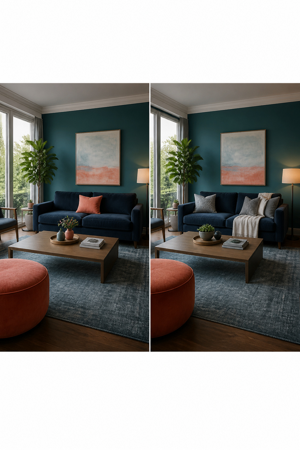29 Blue Living Room Ideas for 2026 20 A living room with coral accents and teal decor.