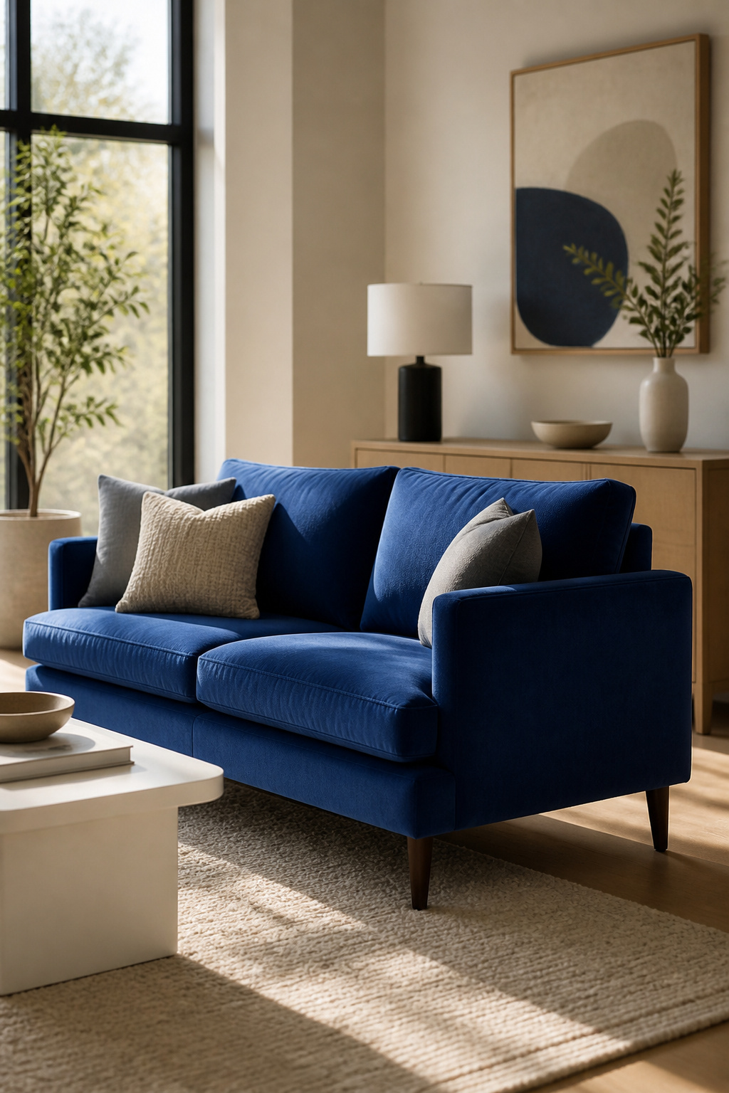 29 Blue Living Room Ideas for 2026 23 A spacious living room with a blue sofa.