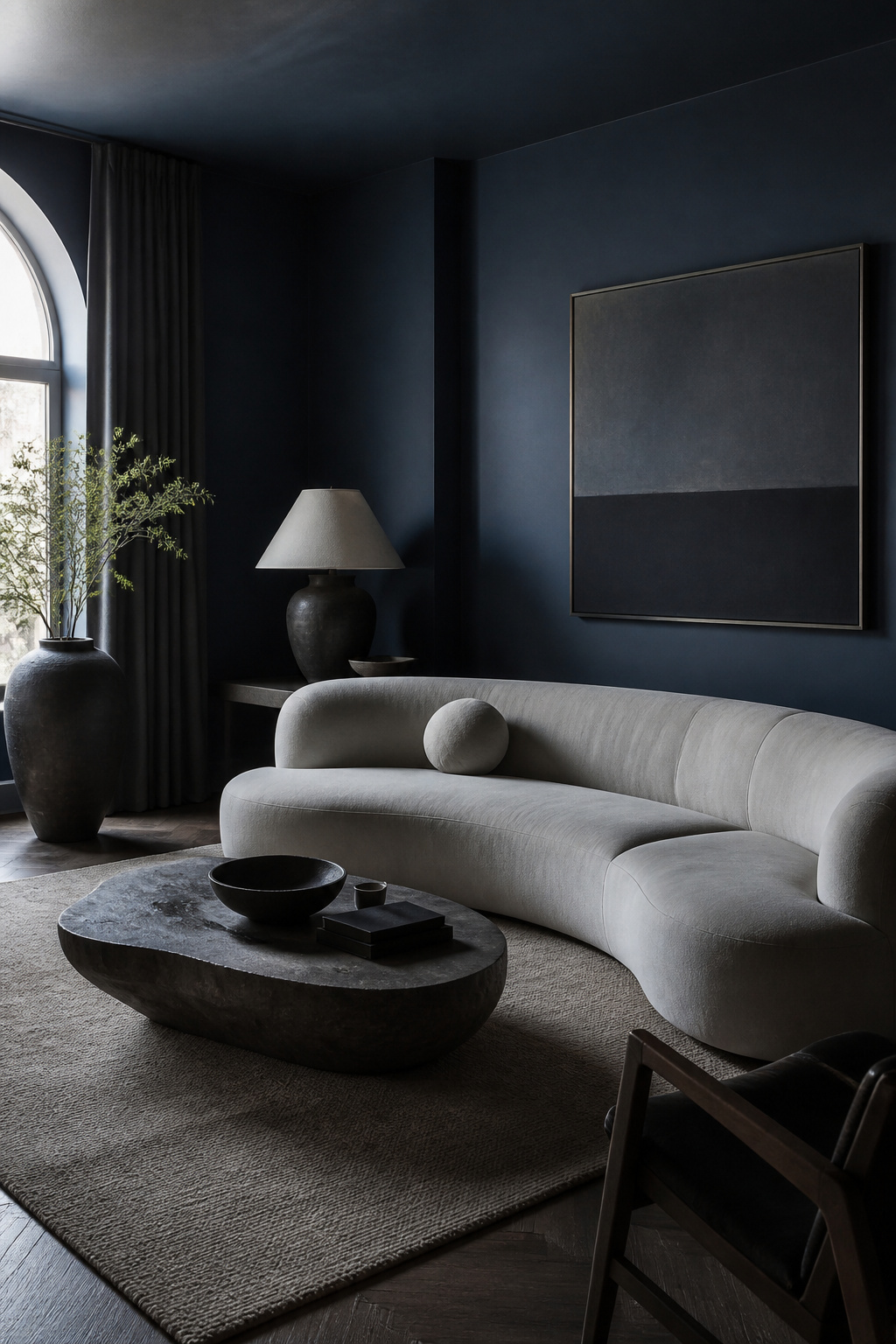29 Blue Living Room Ideas for 2026 27 A modern living room with matte dark blue walls.