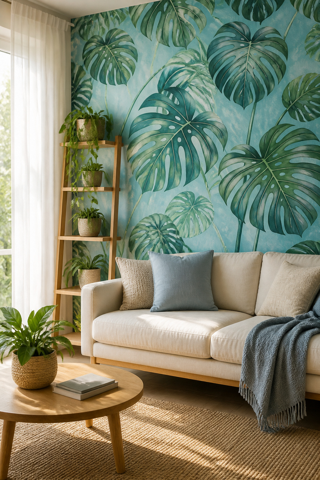 29 Blue Living Room Ideas for 2026 3 A wall covered in Monstera wallpaper with a navy background.