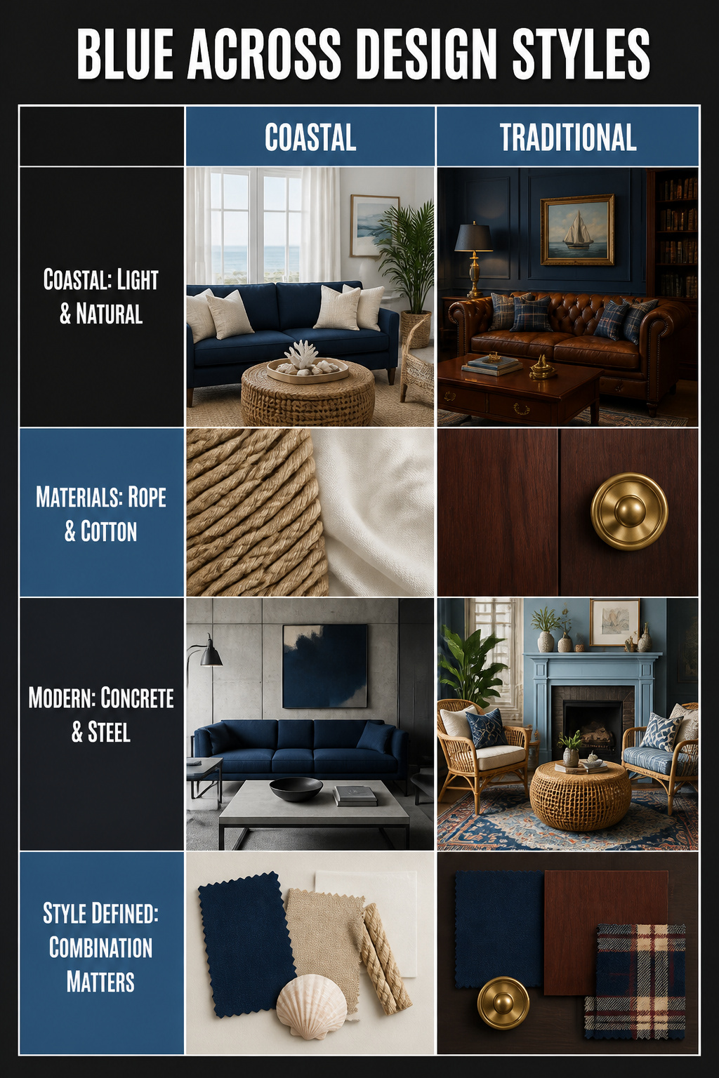 29 Blue Living Room Ideas for 2026 33 An information graphic about blue across different design styles.