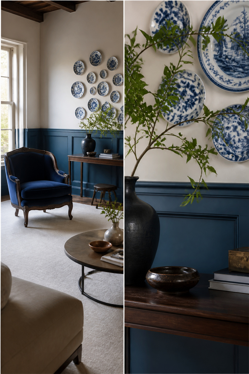 29 Blue Living Room Ideas for 2026 9 A living room with slate blue wainscoting and white walls.