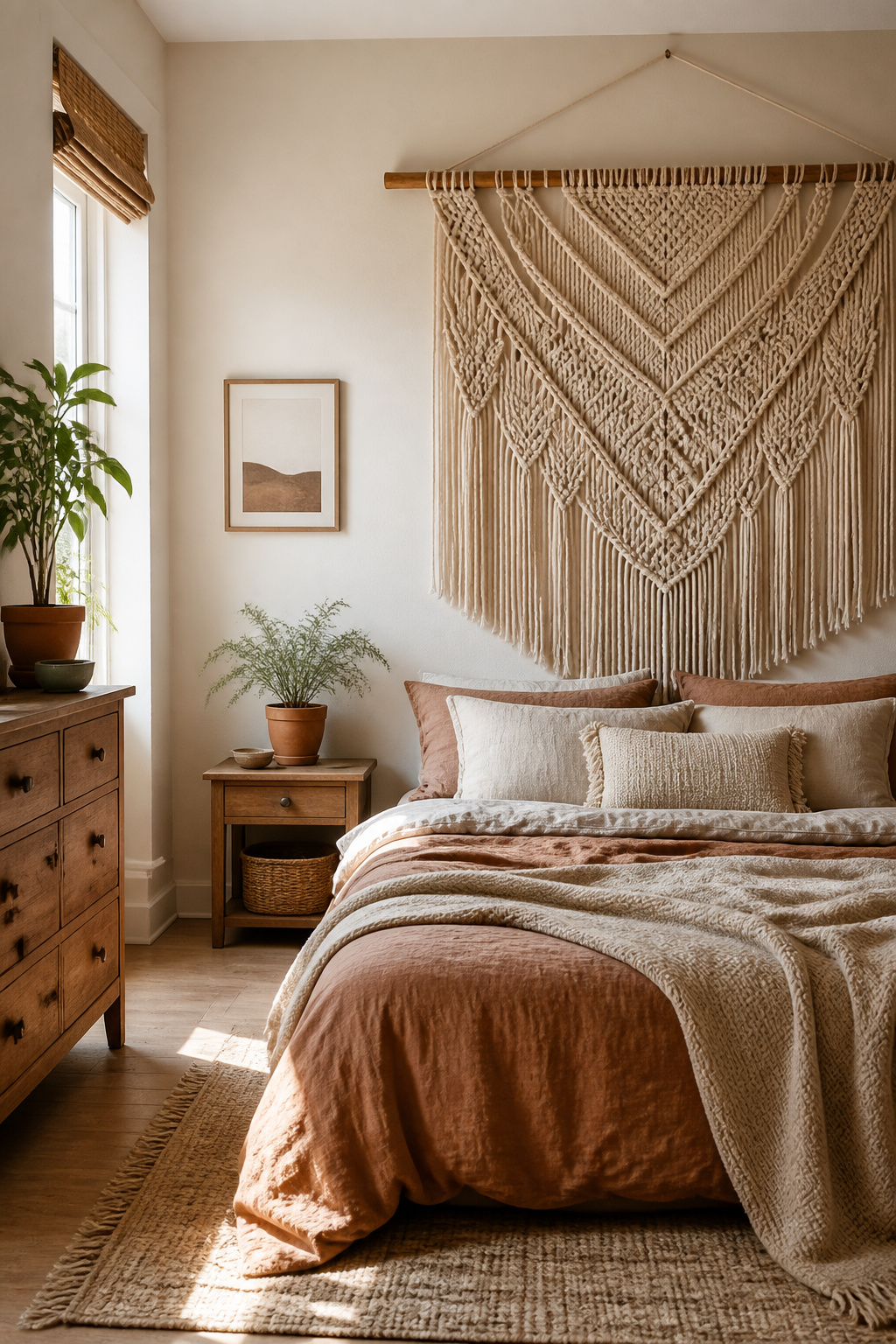 10 Boho Bedroom Ideas for a Warm, Collected Space 1 A large macramé wall hanging above a bed with layered bedding.