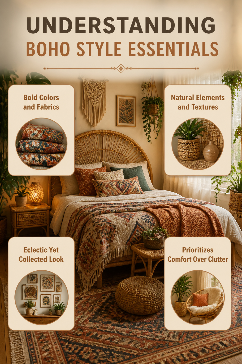 10 Boho Bedroom Ideas for a Warm, Collected Space 11 An overview of boho style elements like bold colors and natural textures.