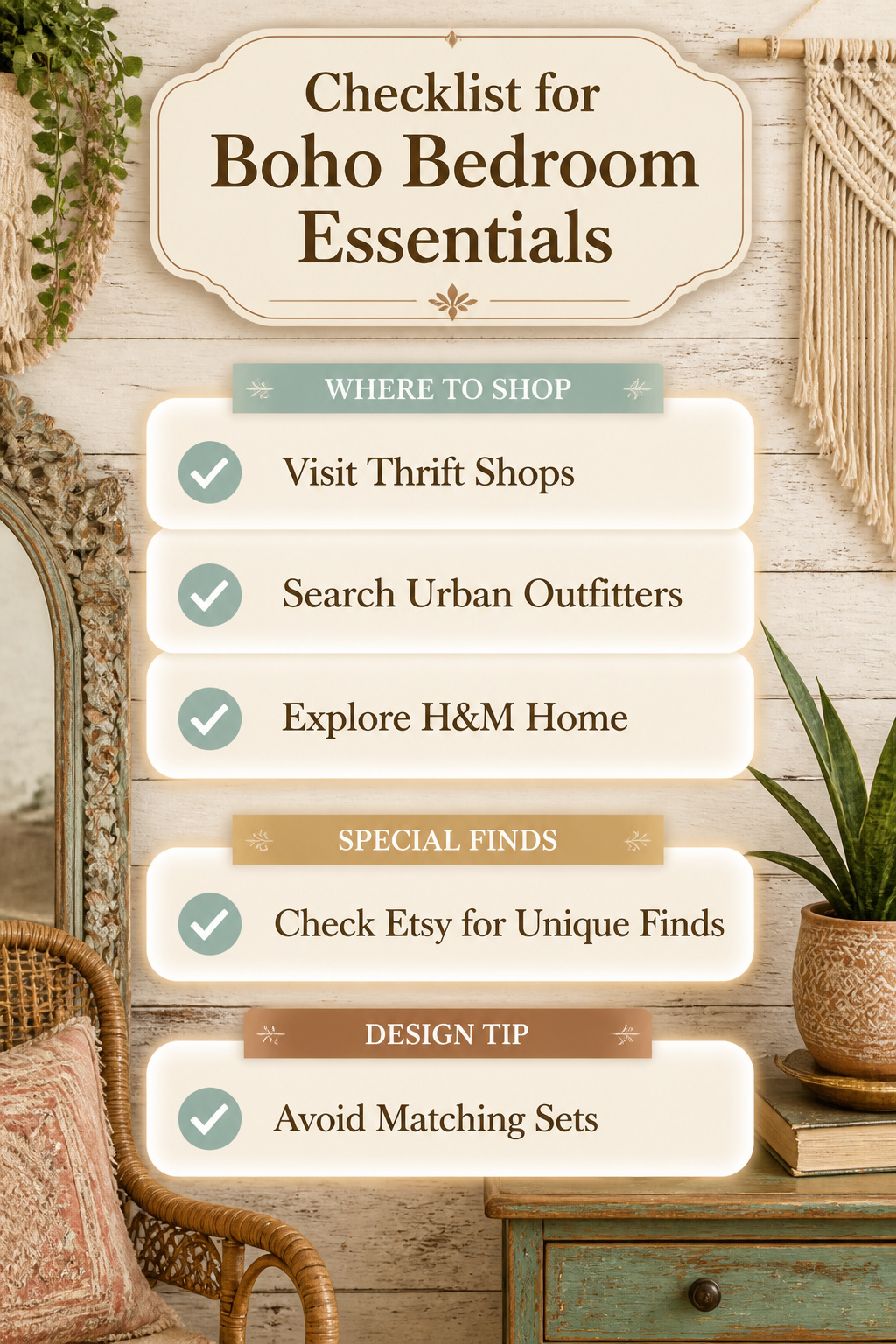10 Boho Bedroom Ideas for a Warm, Collected Space 13 Checklist of budget sources for boho bedroom decor items.