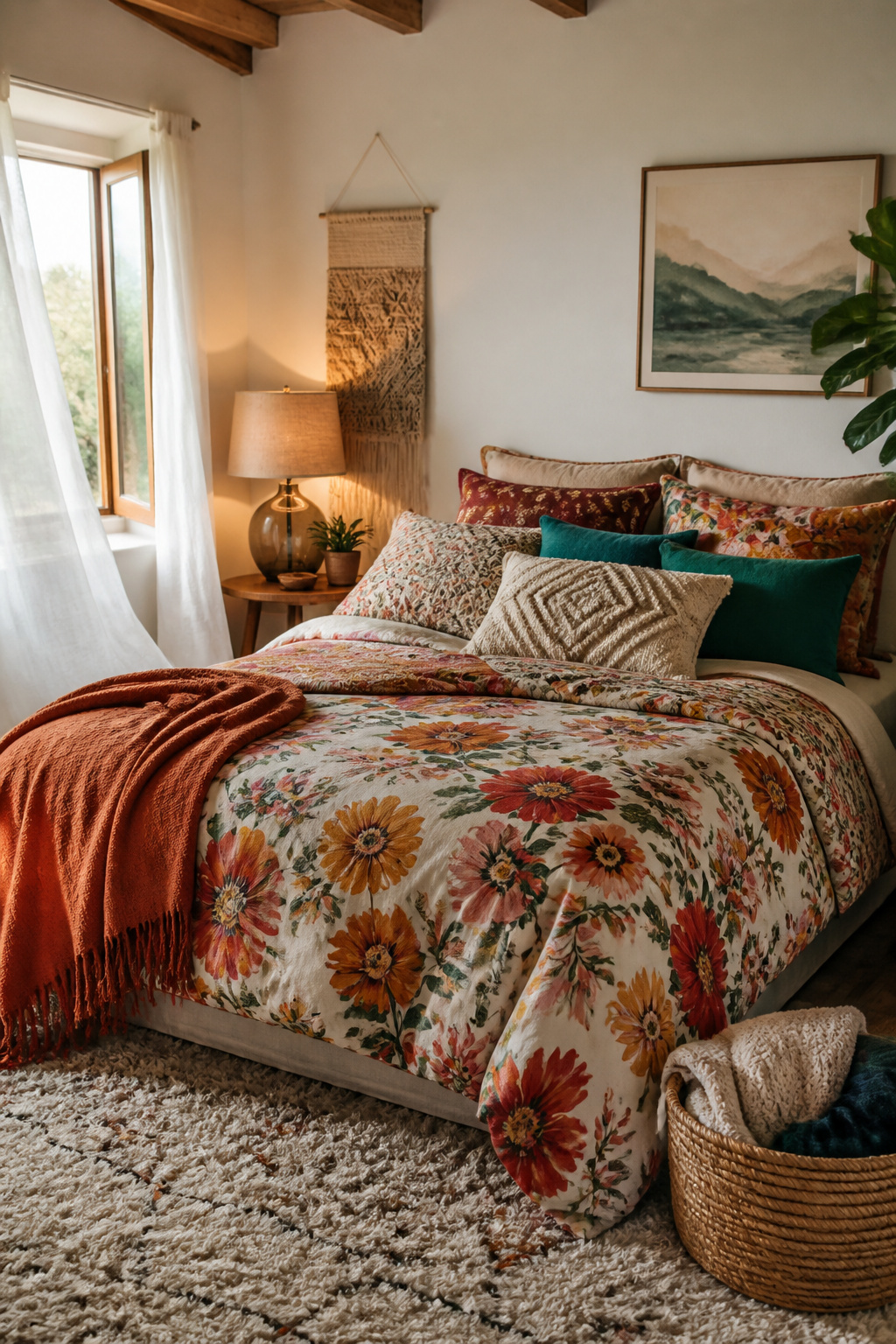 10 Boho Bedroom Ideas for a Warm, Collected Space 2 A bed with a floral duvet and various patterned throw pillows.