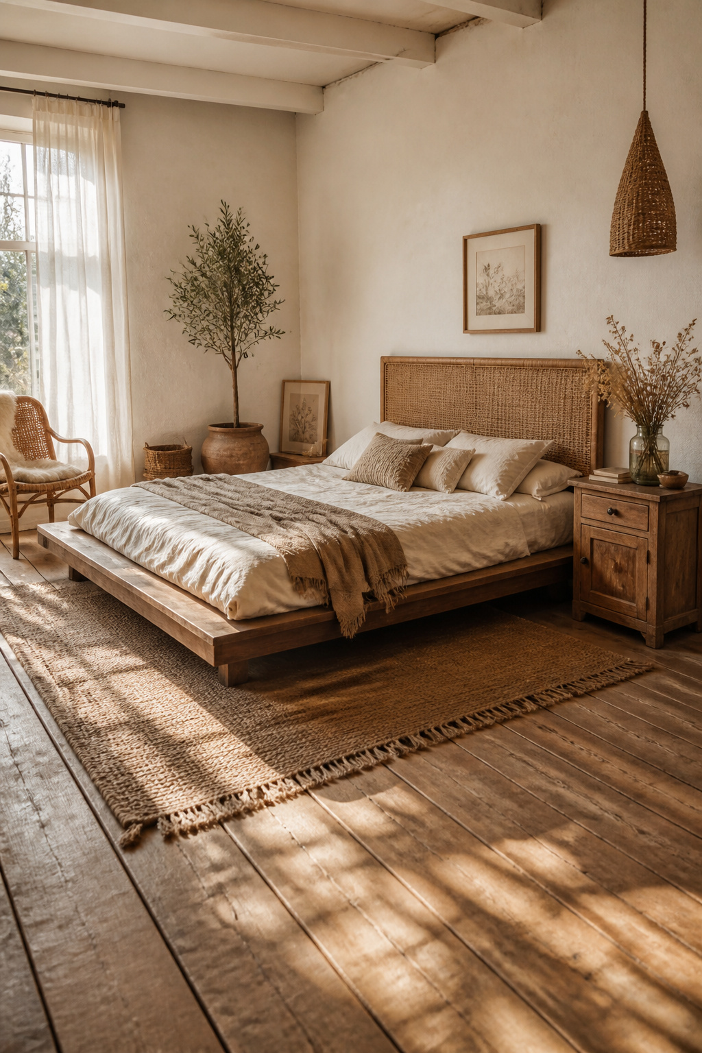 10 Boho Bedroom Ideas for a Warm, Collected Space 3 A low-profile platform bed made of natural wood in a boho bedroom.