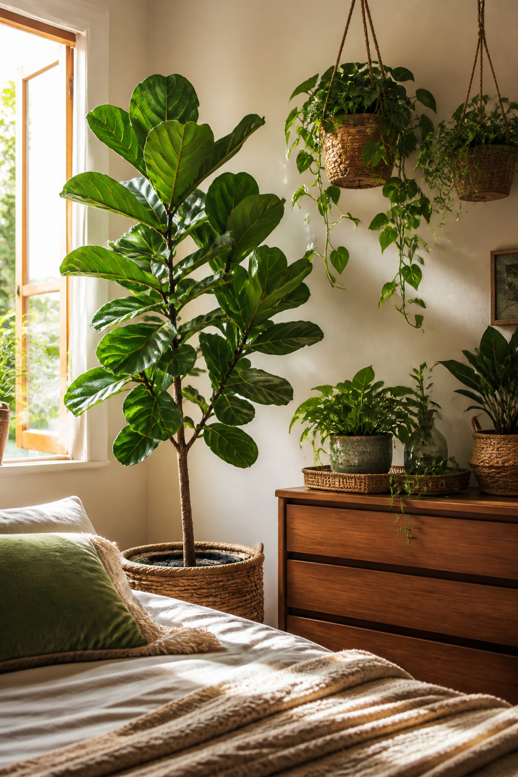 10 Boho Bedroom Ideas for a Warm, Collected Space 4 Several indoor plants arranged in a boho bedroom environment.