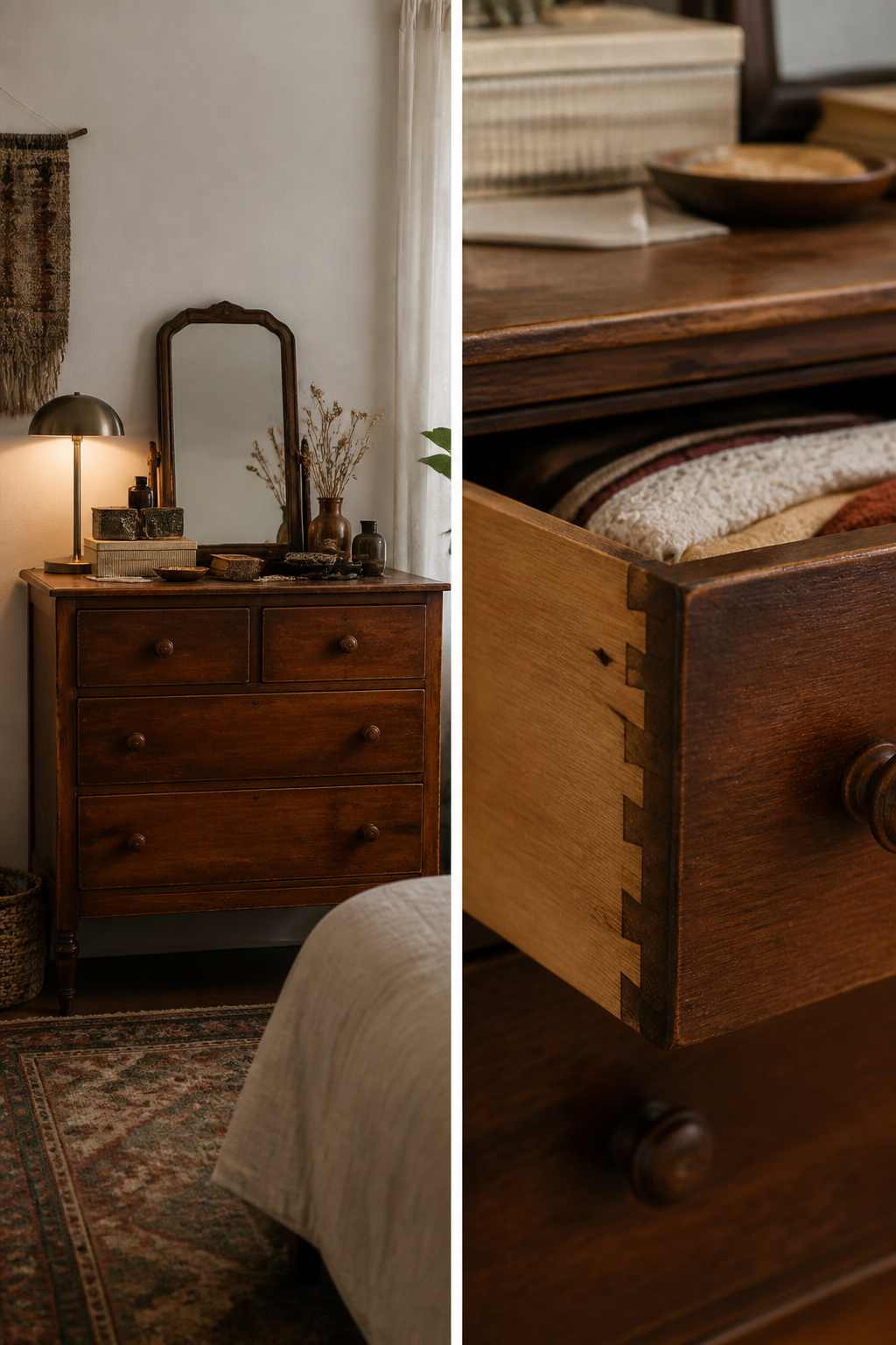 10 Boho Bedroom Ideas for a Warm, Collected Space 6 A vintage solid wood dresser with dovetailed drawers in a bedroom.