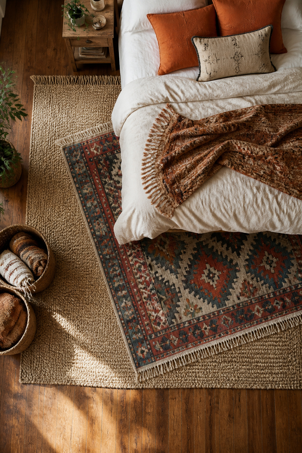 10 Boho Bedroom Ideas for a Warm, Collected Space 7 Layered rugs featuring a natural-fiber base and a patterned rug on top.