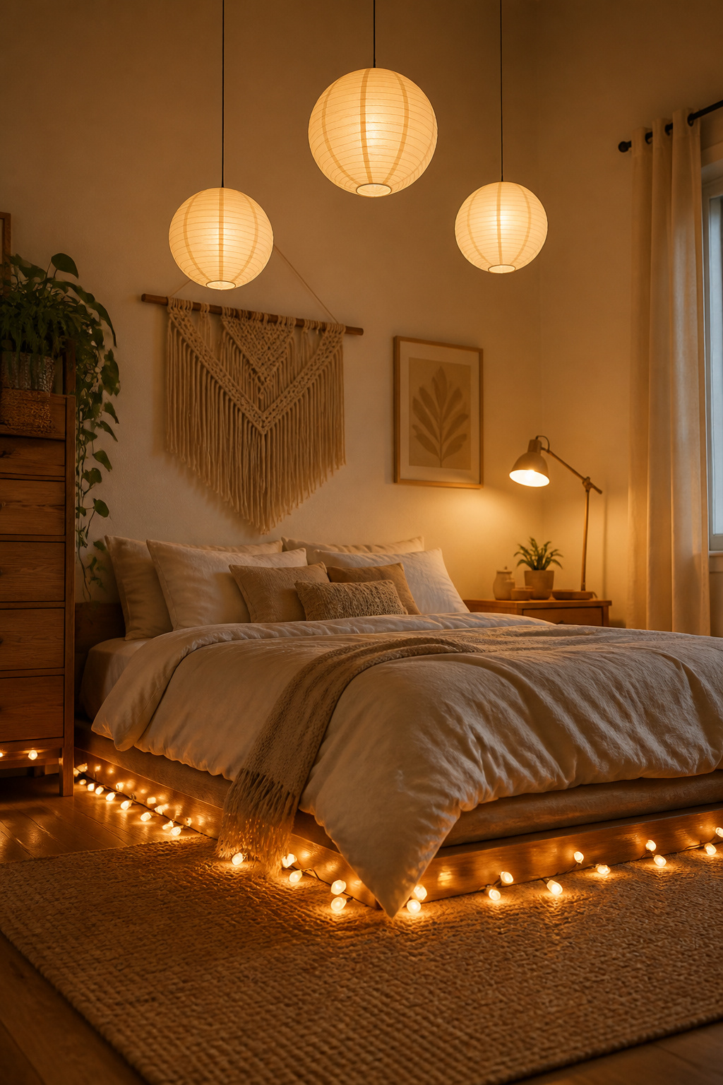 10 Boho Bedroom Ideas for a Warm, Collected Space 8 Warm lighting from paper lanterns and string lights in a cozy bedroom.
