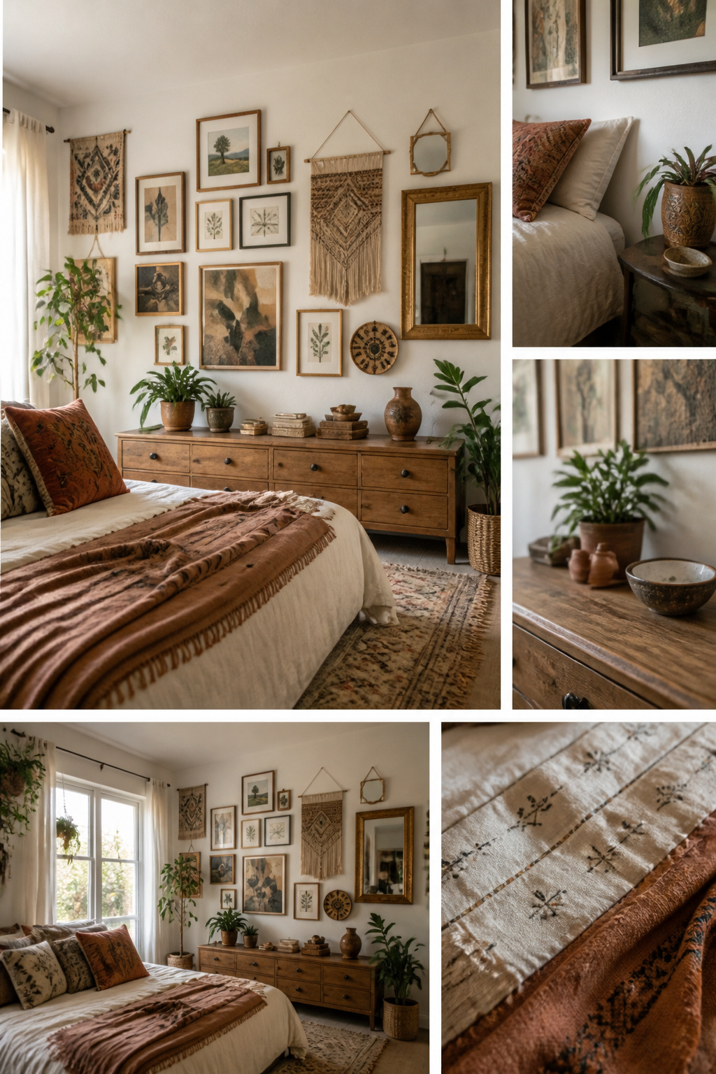 10 Boho Bedroom Ideas for a Warm, Collected Space 9 A gallery wall with art pieces hung at different heights in a bedroom.