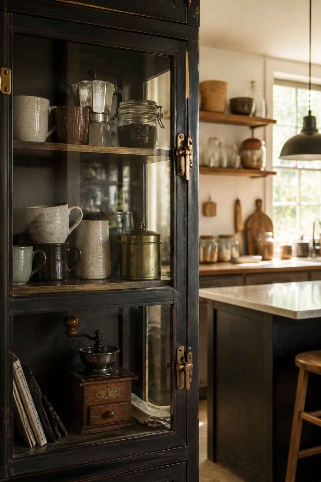 30 Coffee Bar Ideas for Every Room, Style and Budget in 2026 1 A glass-front cabinet filled with mugs and a coffee grinder.