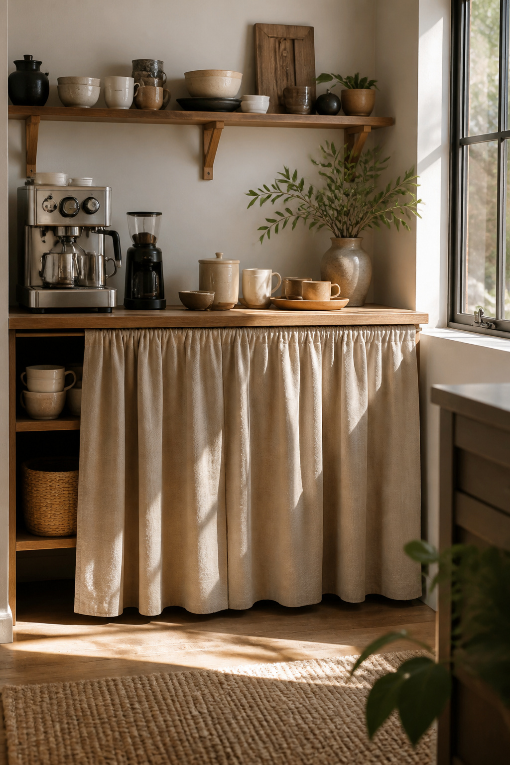 30 Coffee Bar Ideas for Every Room, Style and Budget in 2026 10 Open shelving with a fabric skirt hiding coffee supplies.