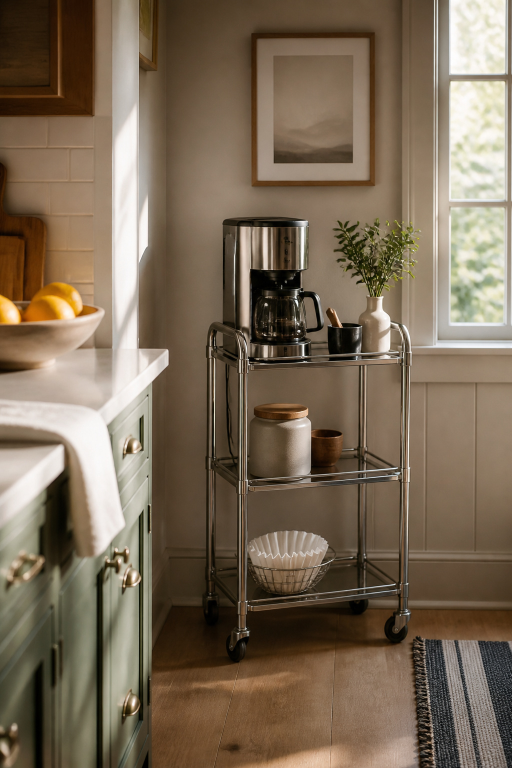 30 Coffee Bar Ideas for Every Room, Style and Budget in 2026 11 A bar cart with a coffee machine and supplies in a kitchen corner.