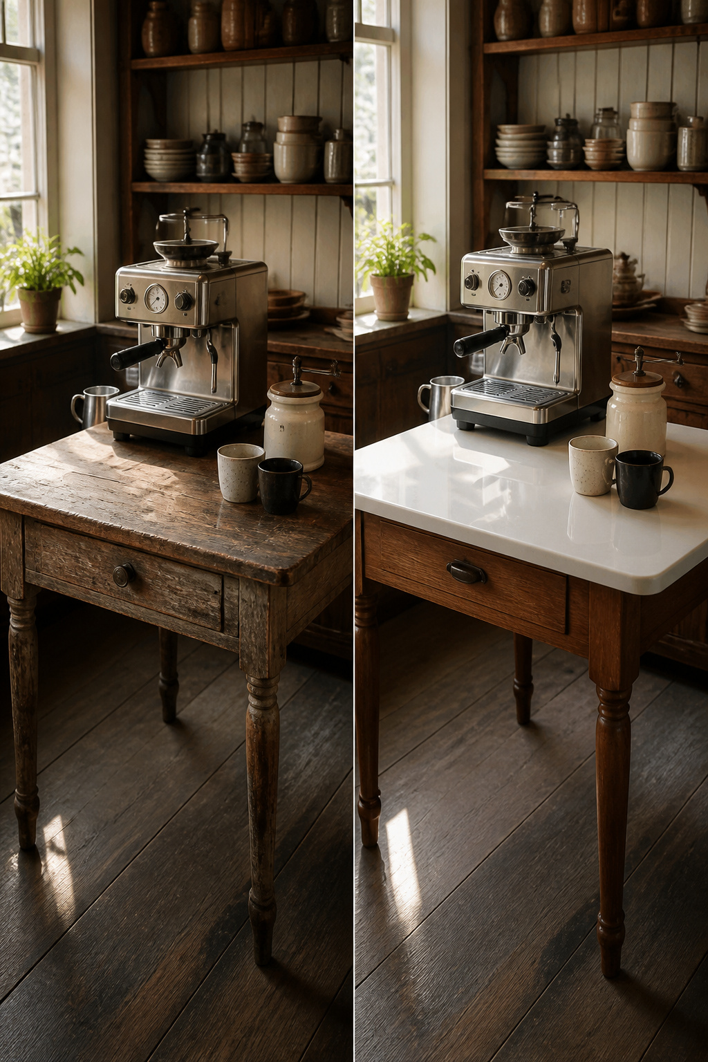 30 Coffee Bar Ideas for Every Room, Style and Budget in 2026 14 A vintage enamel table with a new espresso machine on top.