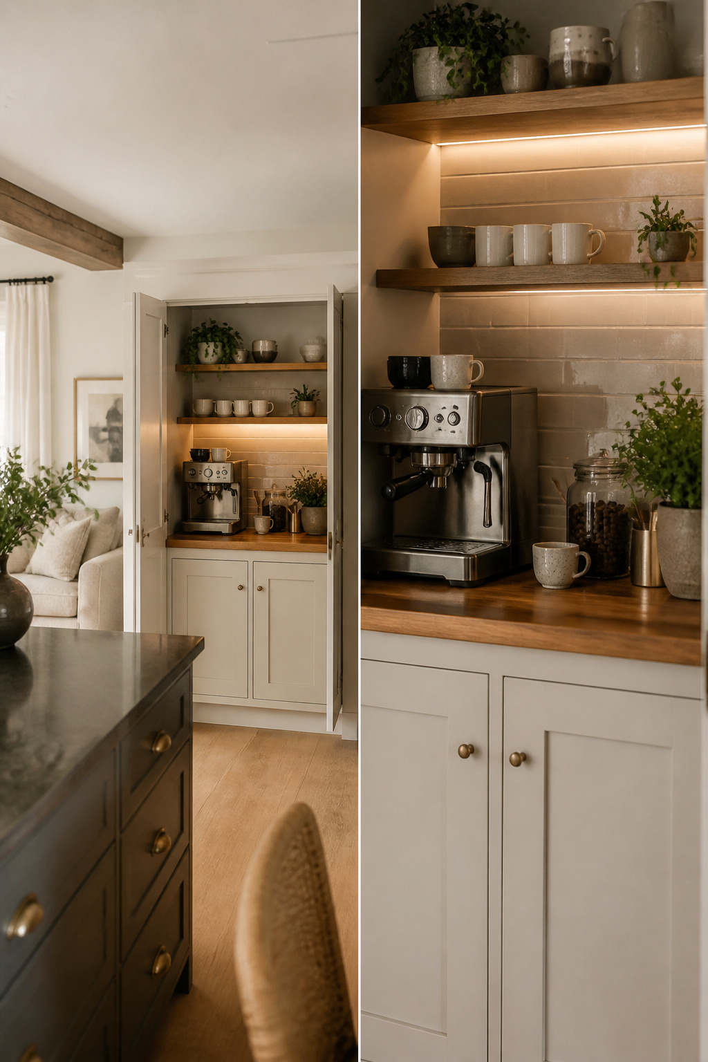 30 Coffee Bar Ideas for Every Room, Style and Budget in 2026 15 A DIY coffee station with cabinets and a butcher block countertop.