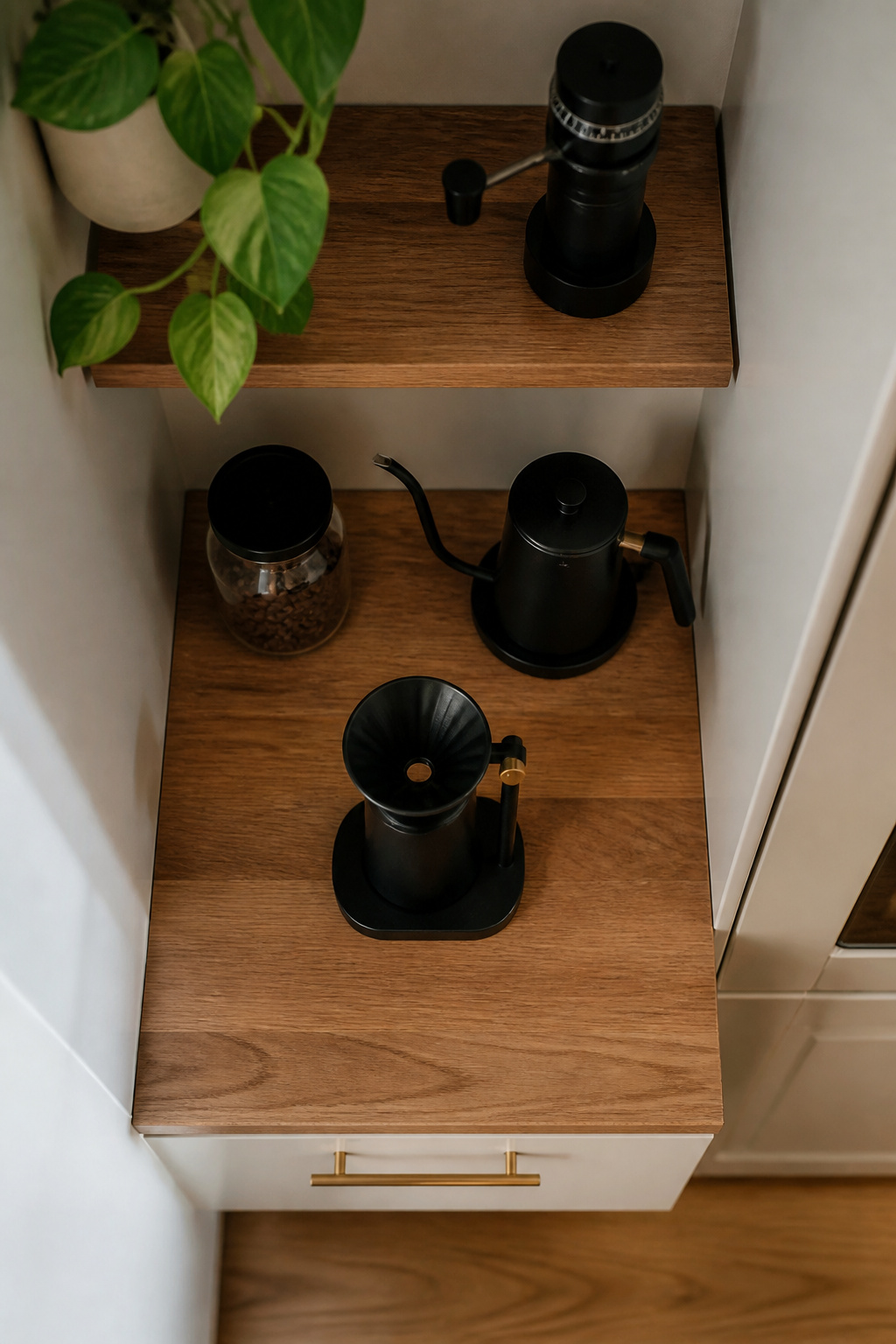 30 Coffee Bar Ideas for Every Room, Style and Budget in 2026 16 A small coffee station with vertical storage solutions.