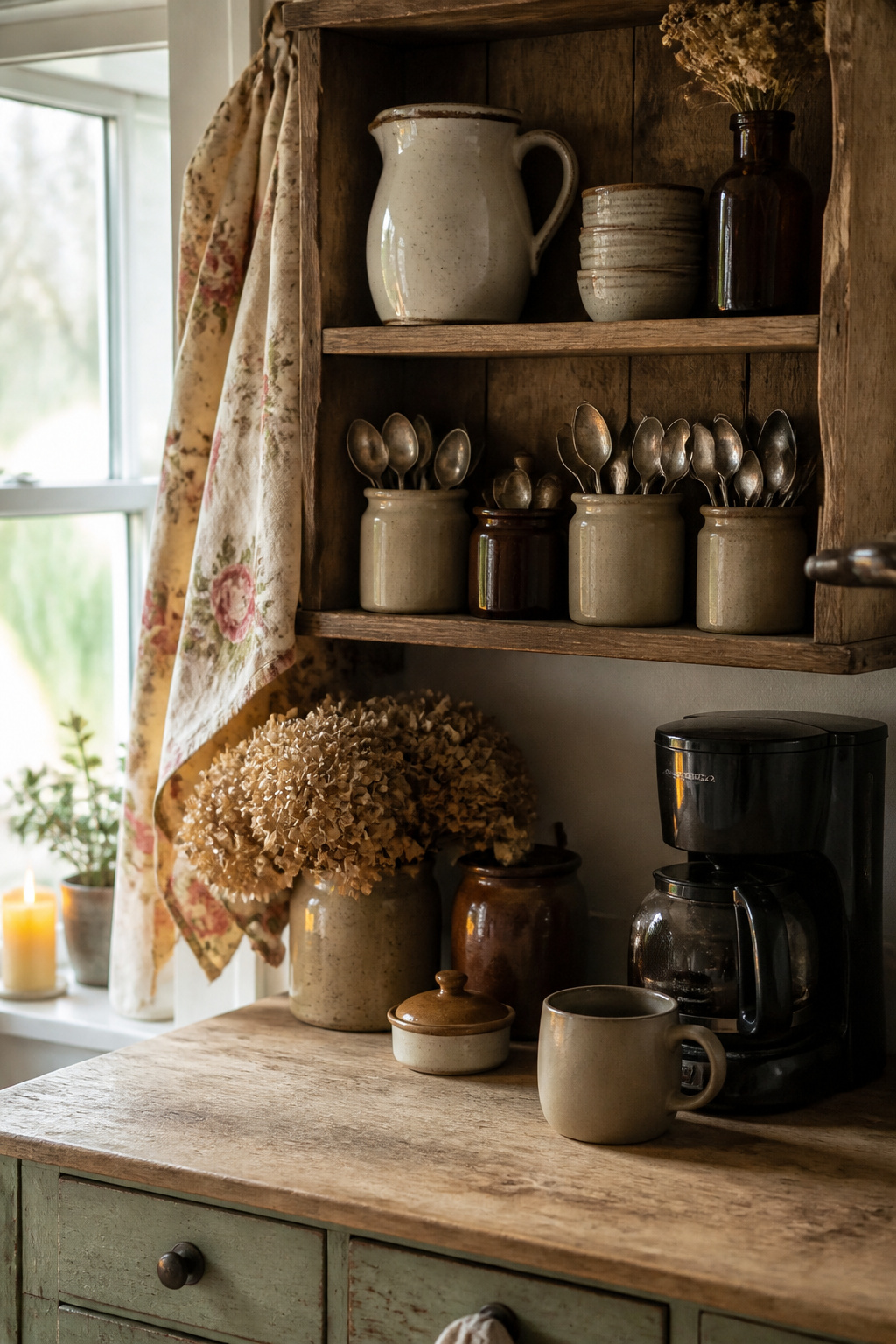 30 Coffee Bar Ideas for Every Room, Style and Budget in 2026 17 A cottagecore coffee bar with vintage decor and muted colors.
